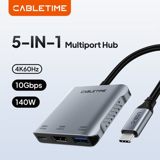 CABLETIME 5-in-1 USB-C-Hub mit Dual-HDMI 4K@60Hz und USB-C 3.2 PD140W in Grau für Laptop und Macbook Pro Air - Bild 1