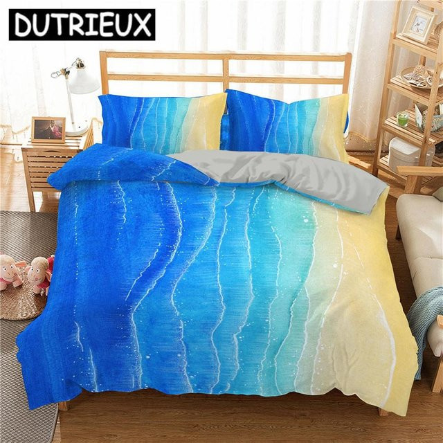 Flylo 3D-Strand-Bettwäscheset mit Motiv Natur in Blau, 3-teilig aus Mikrofaser, B/H: 150 x 200 cm - Bild 1