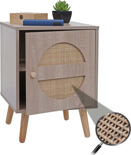 Nachttisch und Beistelltisch MCW-M35 aus Kubu Rattan und Melamin in Braun, Eiche-Optik, B/T/H: 56 x 40 x 40 cm - Bild 1