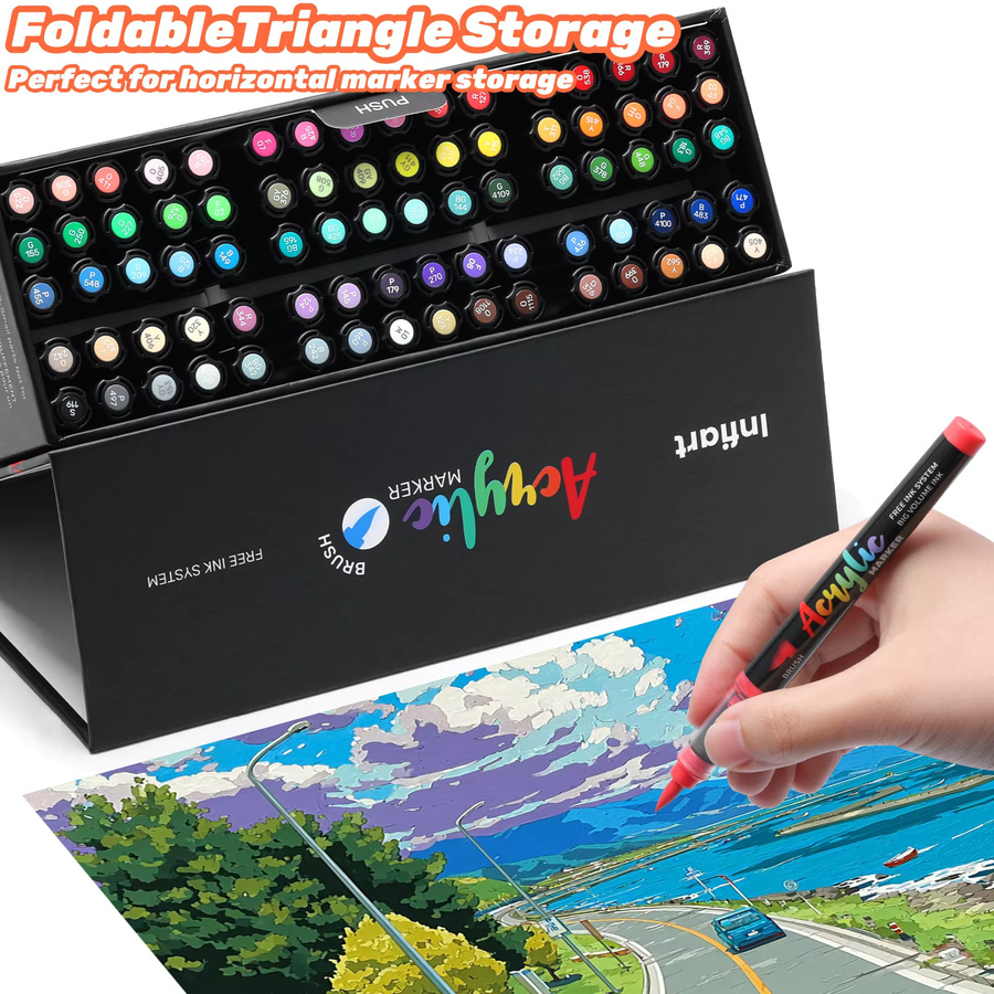Kolorowys Acryl-Farbmarker Set mit weicher Pinselspitze und faltbarer Dreiecksaufbewahrung in Multicolour für Felsmalerei, Glas, Stein, Leinwand und Keramik - Bild 2