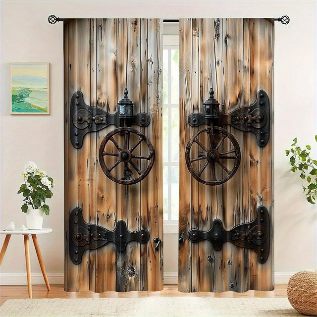 Retro Vorhang im Holztür-Stil mit digitalem Print, 2er-Set, Braun, halbtransparent, B: 140 cm, H: 160 cm - Bild 1