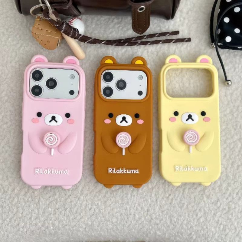 Rilakkuma Lollipop Handyhülle aus weichem Silikon für Apple iPhone 17 16 15 14 13 12 Pro Max Plus in Pink, stoßfeste Schutzhülle - Bild 3