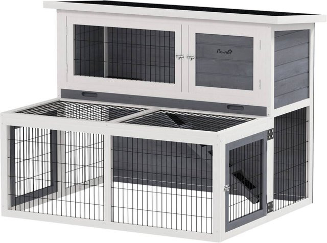 PawHut Hasenstall aus Vollholz in Grau mit 2 Ebenen, wetterfestem Doppelstockhaus und Freilaufgehege, B/T/H: 122 x 95 x 93,5 cm - Bild 3