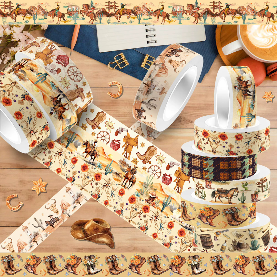 12-Rollen Washi-Tape-Set mit Western-Cowboy-Motiv in Multicolour aus Papier für Scrapbooking und DIY-Bastelarbeiten - Bild 4