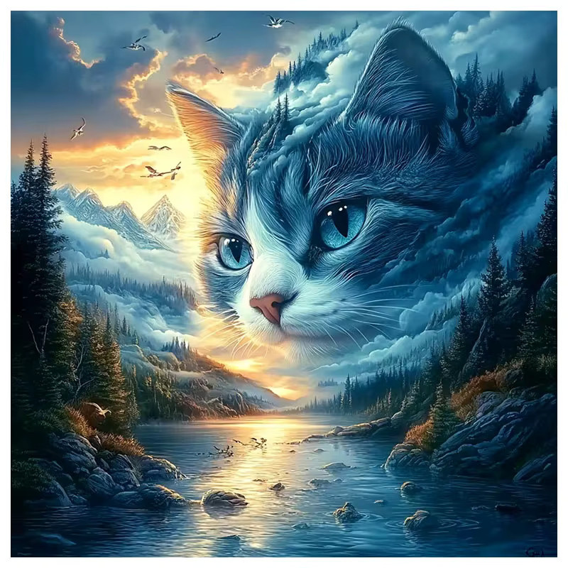 HUACAN 5D Diamant-Mosaik Wanddekoration Katze und Berglandschaft in Multicolour - Bild 5