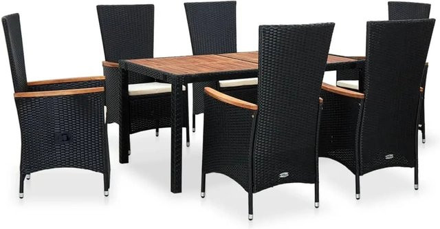 vidaXL 7-tlg Garten-Essgruppe Modell 4 aus Poly Rattan und Akazienholz in Schwarz - Bild 1