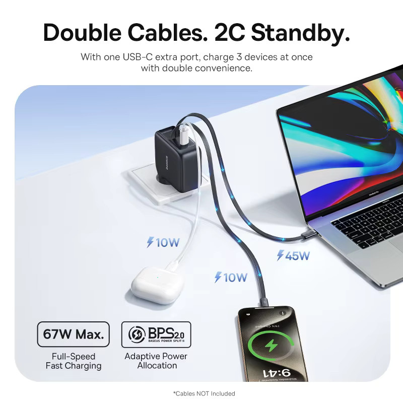 Baseus GaN Schnellladegerät mit USB-C und einziehbarem Kabel, 67W oder 100W, Schwarz - Bild 3