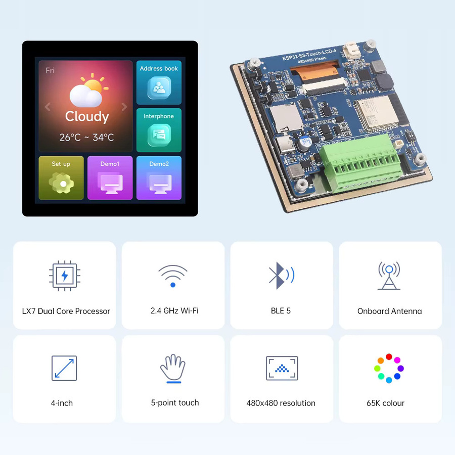 ESP32-S3-LCD Entwicklungsboard mit 4-Zoll kapazitivem Touchscreen, WiFi und Bluetooth, 32-Bit LX7 Dual-Core-Prozessor und USB-C Anschluss - Bild 2