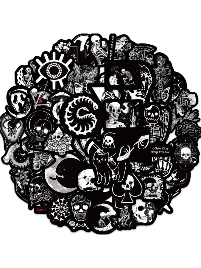 50 Stück wasserfeste Gothic-Horror-Aufkleber in Schwarz von Golden Memory Stickers Store für Skateboard, Laptop und Helm - Bild 4