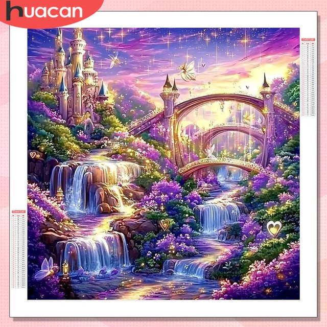 HUACAN Diamantmalerei Landschaft mit Schloss, Wasserfall und Brücke, Rundes Mosaik-Set, Mehrfarbig, Durchmesser: 20 cm - Bild 1