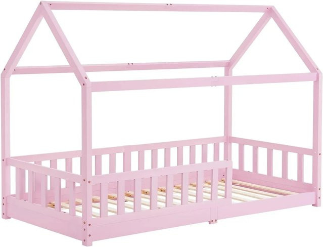 Juskys Kinderbett Marli Hausbett aus Kiefernholz mit Dach und Rausfallschutz in Pink, B/T/H: 90 x 200 x 152 cm - Bild 1