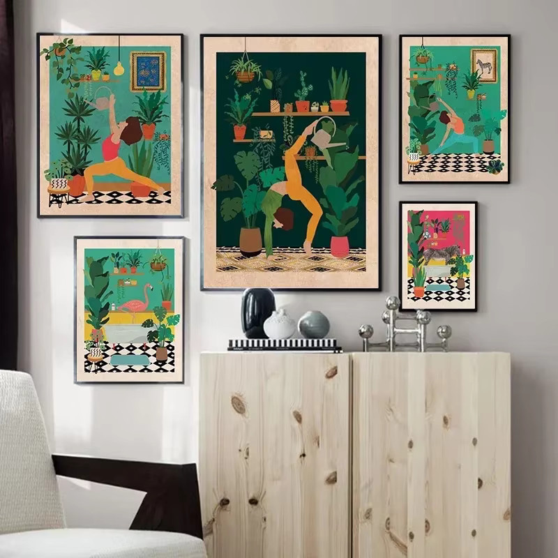 Potdemiel Wandkunst Leinwand Poster mit Yoga Frau, Giraffe, Zebra und Pflanzen im minimalistischen Nordic Stil, Mehrfarbig - Bild 2