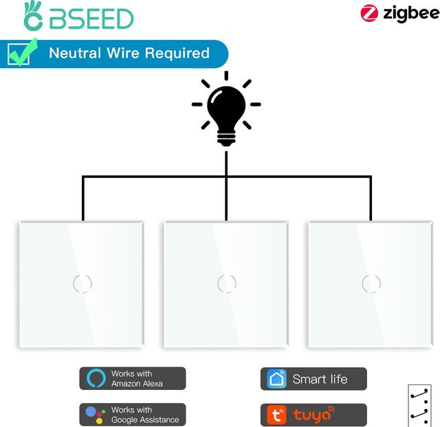 Besamen ZigBee Smart Lichtschalter 3er Pack, 1-Gang und 3-Wege Wand-Touch-Schalter in Weiß, kompatibel mit Google Home, Alexa und Smart Life, 10A - Bild 1