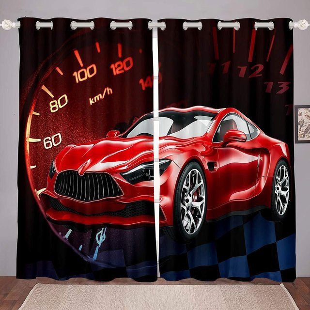 Yiran Furniture Vorhänge mit Rennwagenmuster für das Kinderzimmer, 2er-Set aus Polyester, semi-transparent, Breite: 50 cm, Höhe: 130 cm - Bild 1