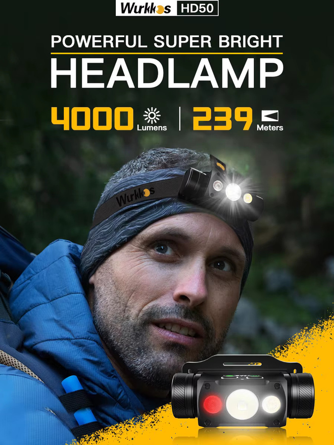 Wurkkos HD50 LED-Stirnlampe in Schwarz mit 4000 lm, wiederaufladbare Hochleistungs-Taschenlampe mit IP67 Wasserdichtigkeit und rotem Licht (660 nm) - Bild 6