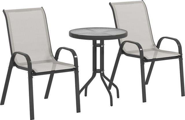 Outsunny 3-teiliges Terrassen-Set in Hellgrau mit Tisch und stapelbaren Stühlen aus Stahl und Glas - Bild 1