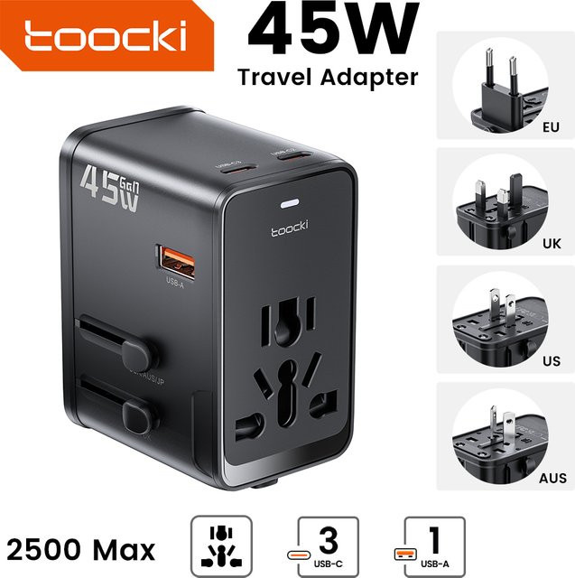 Toocki 45W GaN Universal-Reiseadapter All-in-One PD-Schnellladegerät mit 3C1A Anschlüssen in Schwarz für iPhone Samsung Xiaomi mit EU/UK/USA/AUS-Stecker - Bild 1