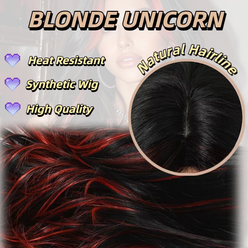 Blonde Unicorn Perücke, Damen, Rote bis schwarze Ombre-geschichtete lange gewellte synthetische Perücke mit Vorhang-Pony und roten Highlights, hitzebeständig - Bild 2