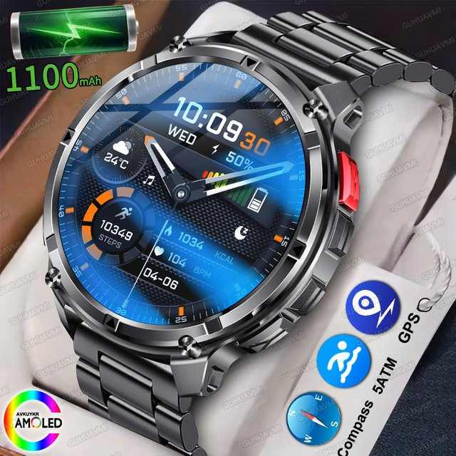 GUHUAVMI Military Outdoor Edition Smartwatch mit AMOLED Display, 1100 mAh Akku, 5ATM Wasserdichtigkeit, Bluetooth Anruffunktion und Kompass in Schwarz - Bild 1
