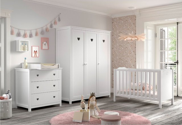 AMORI Babyzimmer Möbelset 4-teilig aus Kiefer Massiv und MDF, Weiß lackiert, bestehend aus Babybett (Breite: 60 cm, Länge: 120 cm), Kommode mit 3 Schubladen, Wickelaufsatz und 3-türigem Kleiderschrank