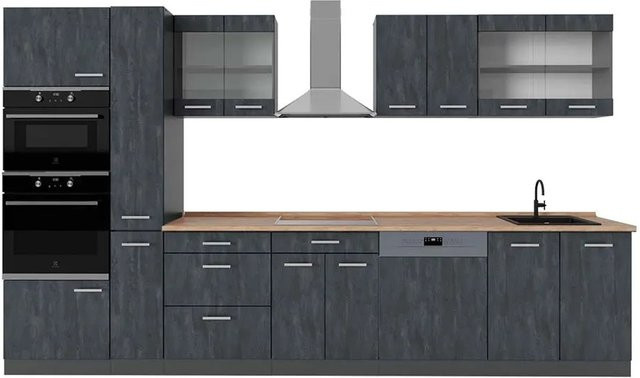 Vicco Küchenzeile R-Line in Schwarz Beton und Anthrazit mit Arbeitsplatte in Eiche, Breite: 350 cm, Höhe: 206,8 cm, Tiefe: 60 cm - Bild 2