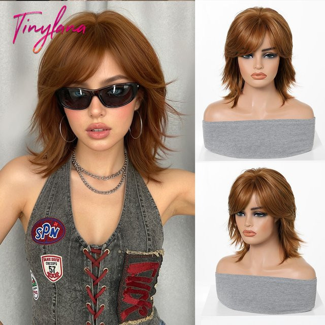 TinylaNa Sommer-Perücke, kurzer Bob mit Pony, kupferbraun, synthetisch - Bild 1