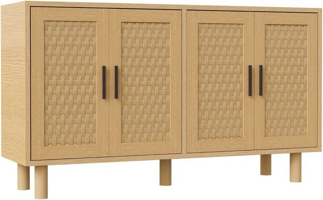 PXloue Sideboard in Holzoptik Natur mit Cannage Rattan Türen und verstellbaren Einlegeböden, Farbe: Beige, B/T/H: 140 x 40 x 80 cm - Bild 1