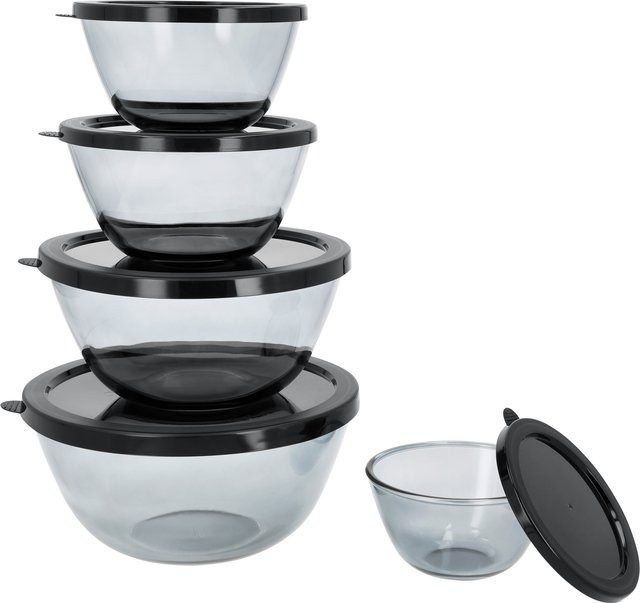 SILVERCREST Schalen-Set aus Glas in Schwarz, 5-teilig, stapelbar, mikrowellenfest, gefrierfachgeeignet und spülmaschinenfest mit Snap-Lid Deckeln - Bild 1