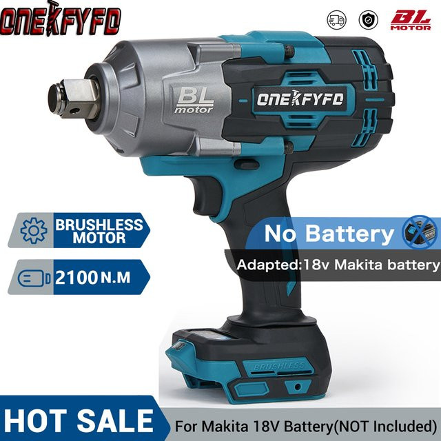 ONEKFYFD Bürstenloser kabelloser elektrischer Schlagschrauber mit 2100 Nm Drehmoment, 3/4 Zoll Buchse, kompatibel mit Makita LXT 18V Akku, Blau - Bild 1