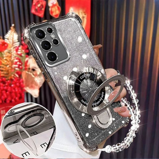 Stoßfeste Glitter Handyhülle mit Magnetischer Halterung und Armband für Samsung Galaxy A13 A23 A33 A53 A73 A12 A22 A32 A52 A52S 4G 5G in Schwarz - Bild 1