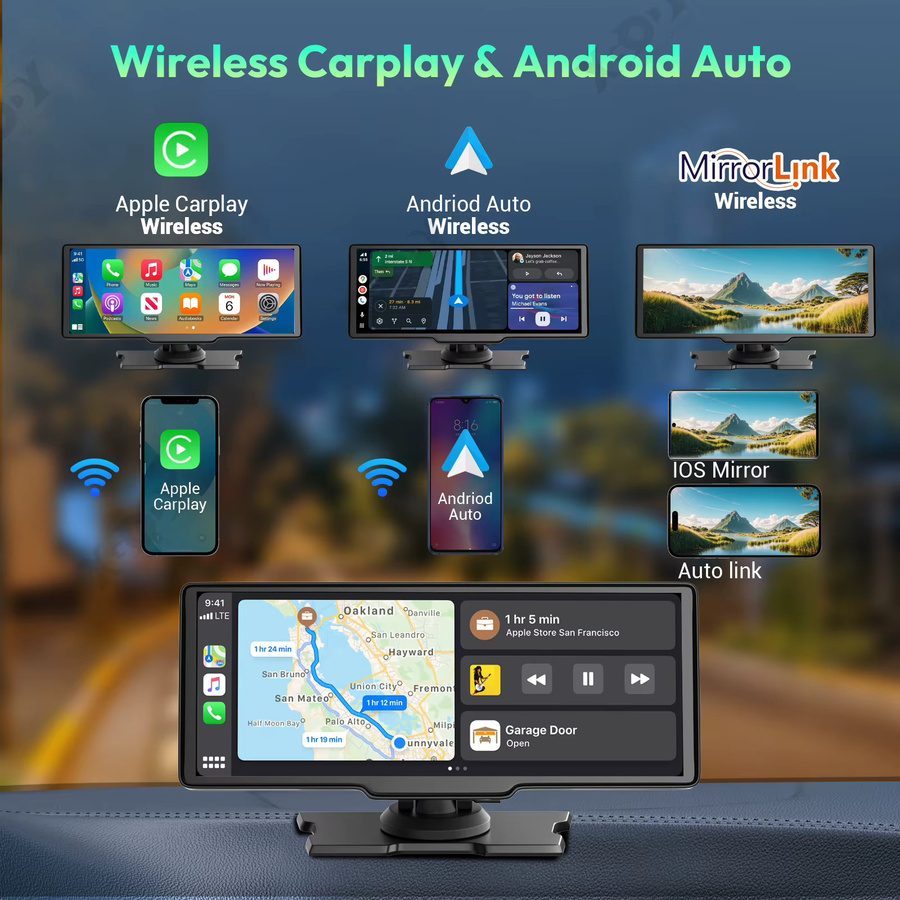 ESSGOO 10,26 Zoll Dashcam mit 1080P Full HD, kabelloses Apple CarPlay und Android Auto, Dual-Objektiv Videorekorder mit WIFI und Bluetooth, Schwarz - Bild 3