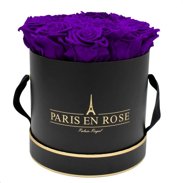 PARIS EN ROSE Rosenbox in Schwarz-Gold mit 14 violetten Rosen, Durchmesser: 19 cm - Bild 1