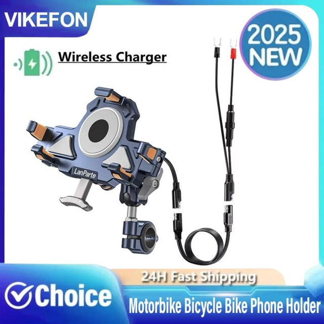 VIKEFON Motorrad und Fahrrad Handyhalterung aus Metall mit 15 W kabellosem Schnellladegerät und 4 Vibrationsdämpfern in Schwarz - Bild 1