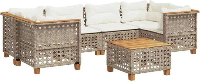 vidaXL 7-teilige Garten-Sofagarnitur in L-Form aus Poly-Rattan und Akazienholz mit Kissen in Beige und Cremeweiß - Bild 1