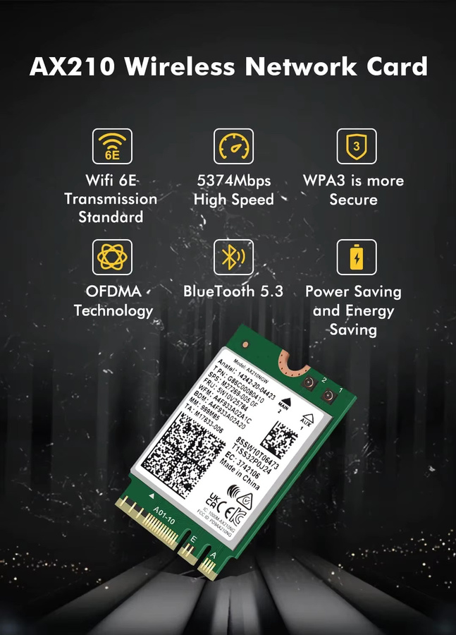 Intel AX210 WiFi 6E WLAN Karte mit Bluetooth 5.3, Tri-Band, 2,4 Gbit/s, M.2 NGFF Schnittstelle - Bild 2