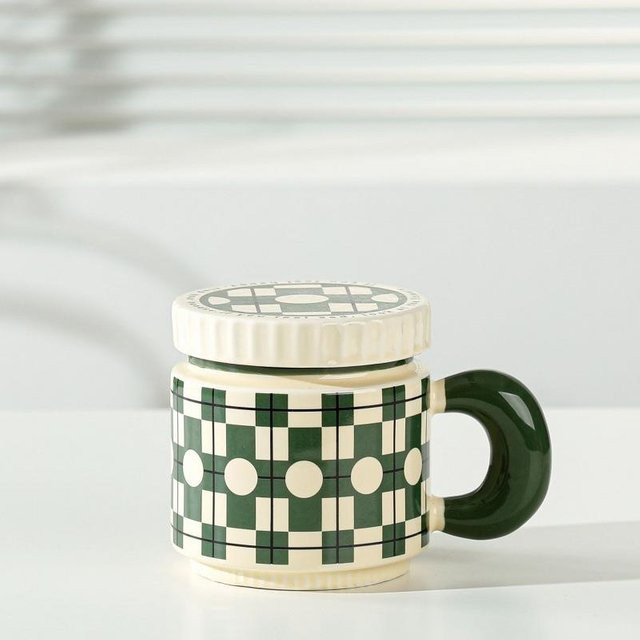 Yiran Furniture Keramiktasse mit Deckel und floralem Design in Grün, 400 ml - Bild 1