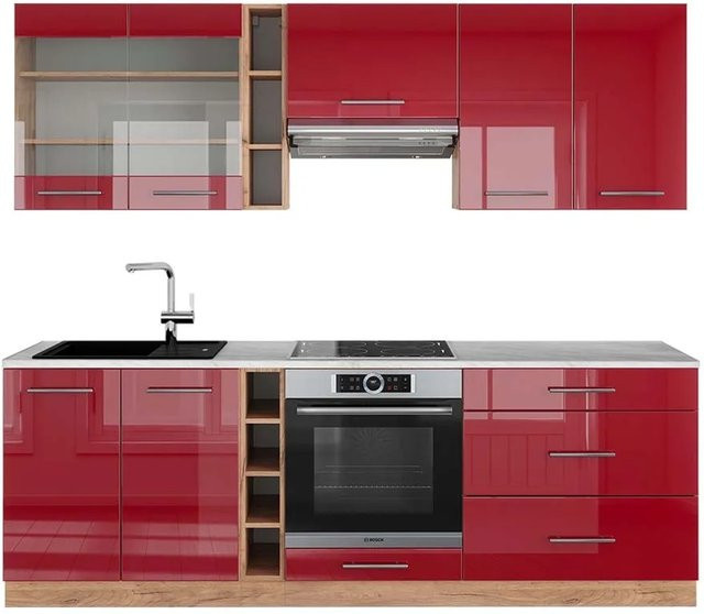 Vicco Fame-Line Küchenzeile Bordeaux Hochglanz und Goldkraft Eiche mit Marmor-Arbeitsplatte, Breite: 235 cm - Bild 1
