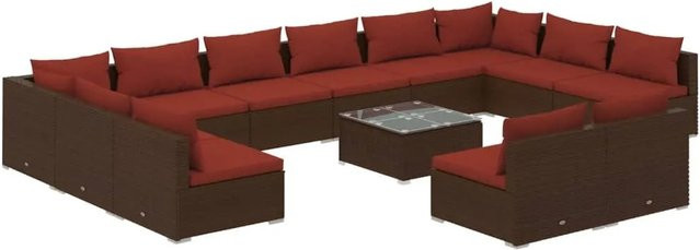 vidaXL 13-tlg. Garten-Lounge-Set in L-Form aus Poly-Rattan mit Kissen in Braun und Rot - Bild 1