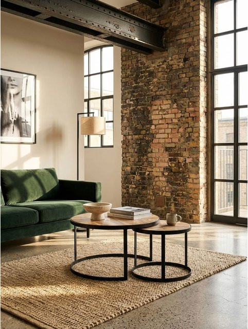 KADIMA DESIGN Couchtisch 2er Set aus Akazie und Metall in Braun, Rund, Industrial Style, B/T/H: 60 x 60 x 41 cm - Bild 1