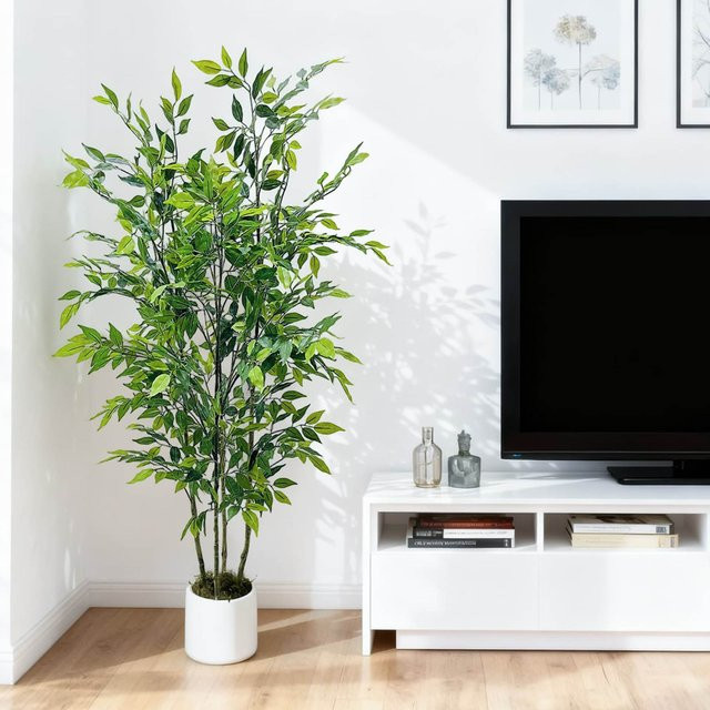 Künstlicher Ficus-Baum HiMISS in Grün mit weißem Übertopf für Innen und Außen, Höhe: 120 cm - Bild 1