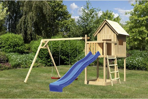 Karibu Kinderspielhaus Frieda Set mit Anbau und Rutsche in Blau und Natur sowie Spielturm in Braun - Bild 3