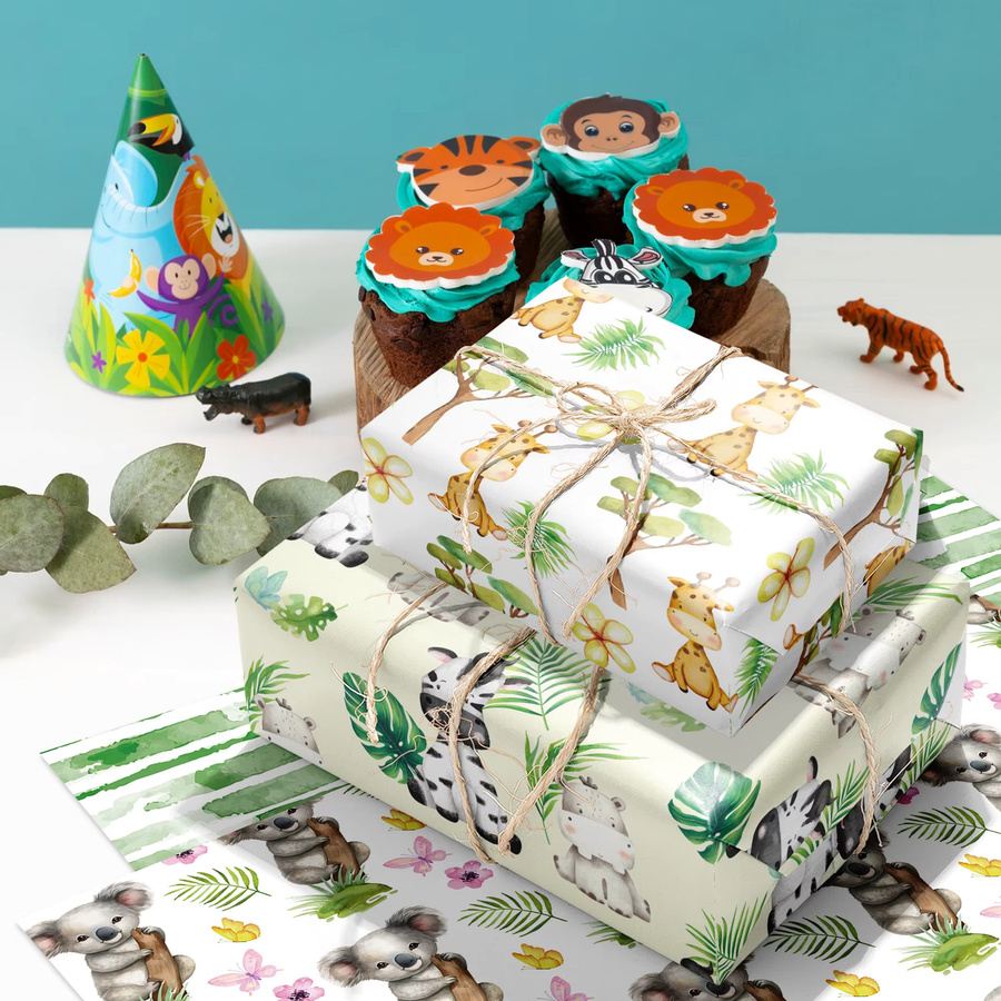 Dschungel Tiere Geschenkpapier und Geschenkboxen Set für Kindergeburtstage und Baby Shower in Mehrfarbig - Bild 2