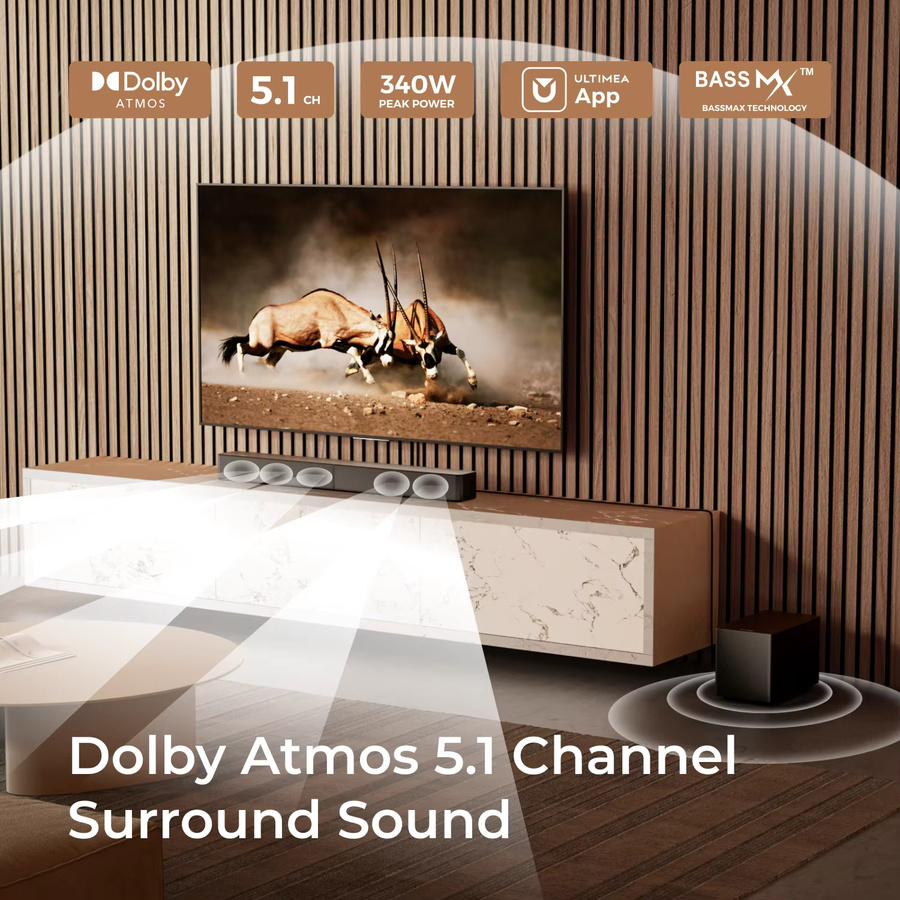 ULTIMEA 340W 5.1-Kanal Soundbar mit Dolby Atmos und APP-Steuerung, Heimkino-Soundsystem für Smart-TV in Schwarz mit 5,25-Zoll Kabelgebundenem Subwoofer - Bild 2