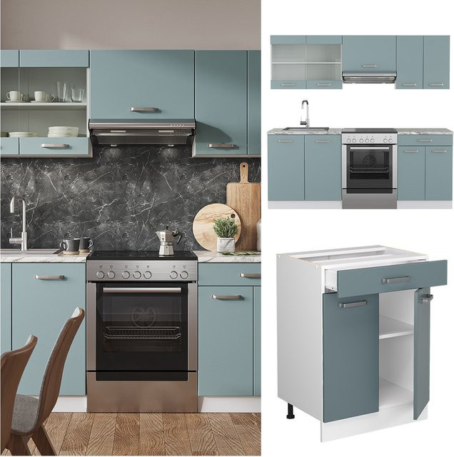 Vicco Küchenzeile R-Line Solid modern in Weiß, Blau und Grau mit Breite: 200 cm - Bild 1
