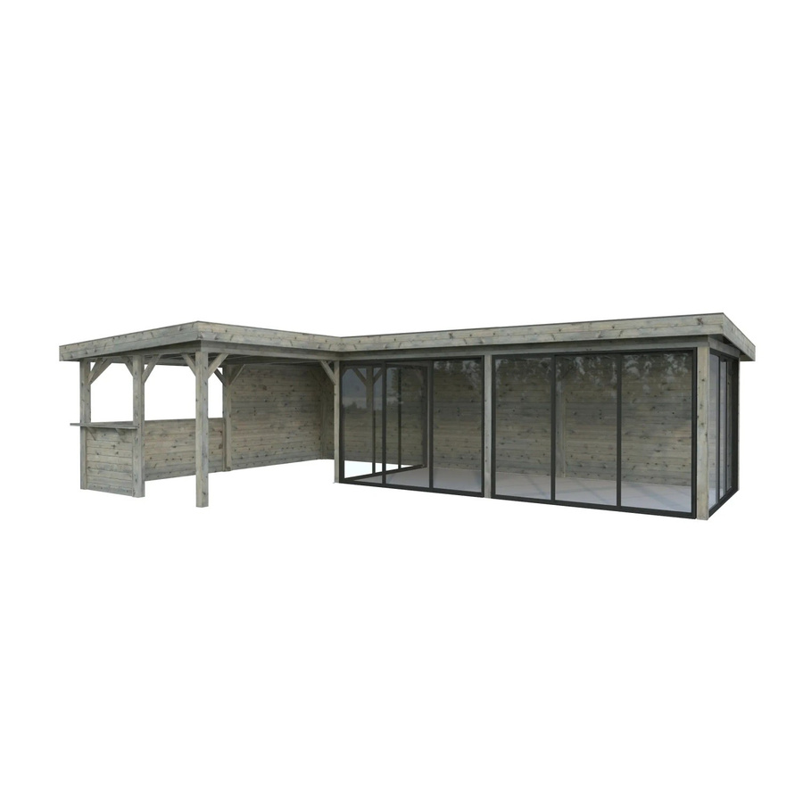PALMAKO Pavillon Lenna Set 421 Slide aus Fichtenholz in Grau mit Alu-Schiebetüren, Eck-Tresenanlage und Flachdach, B/T/H: 876 x 588 x 245 cm - Bild 2