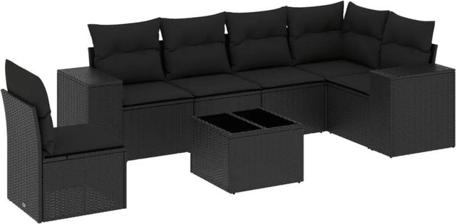 vidaXL 7-teilige Garten-Sofagarnitur in L-Form aus schwarzem Poly-Rattan mit Kissen und pulverbeschichtetem Stahlgestell - Bild 1
