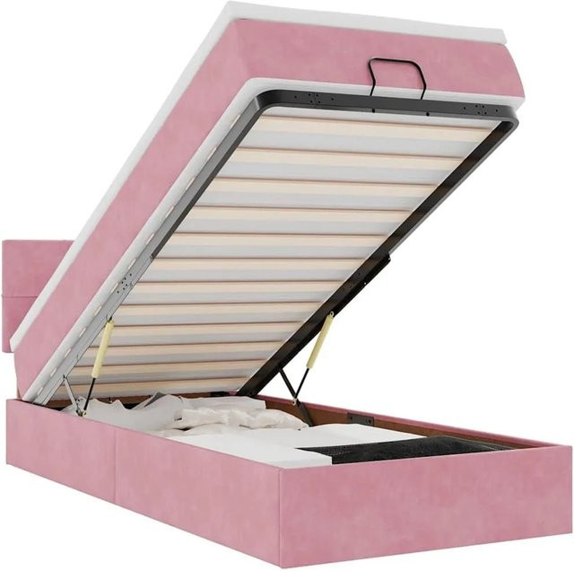 vidaXL Ottoman-Bett mit Matratze in Rosa und Weiß, Samt, mit LED-Unterbettbeleuchtung und USB-Ladeanschluss, B/T/H: 100 x 200 x 203 cm - Bild 1