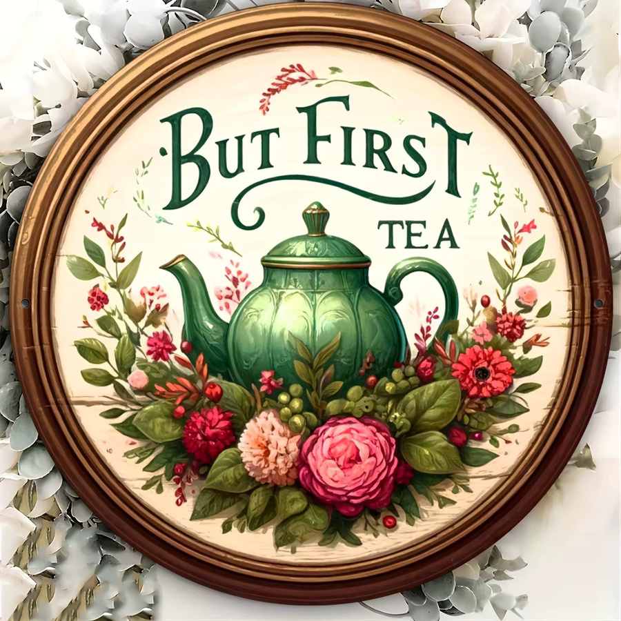 Rundes Metallschild Potdemiel Vintage But First Tea mit floralem Design, Durchmesser: 20,3 cm, Mehrfarbig - Bild 4