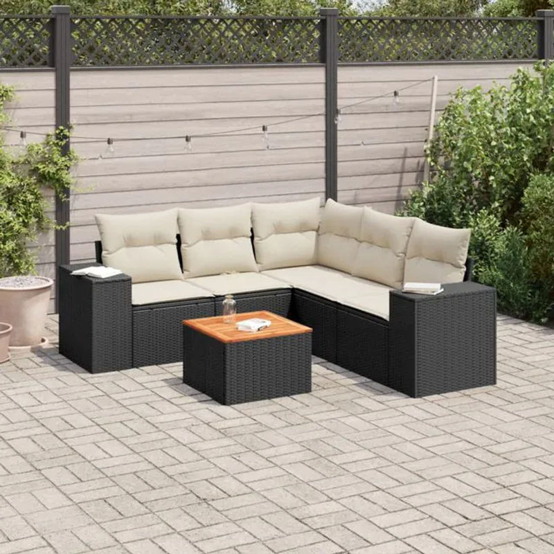 Vidaxl 6-teiliges Gartenmöbel-Set aus Polyrattan und Akazie in Schwarz mit Kissen - Bild 1