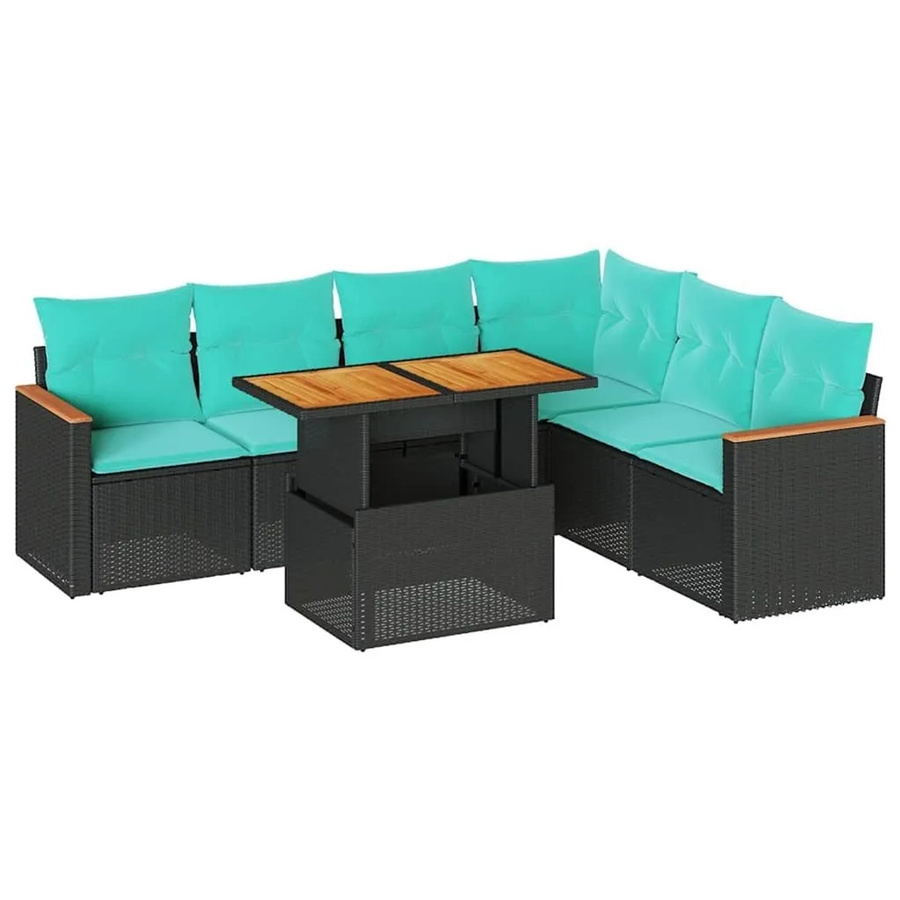 vidaXL 7-teilige Garten-Sofagarnitur aus Poly-Rattan mit Kissen in Schwarz und Blau mit Akazienholz-Elementen - Bild 2